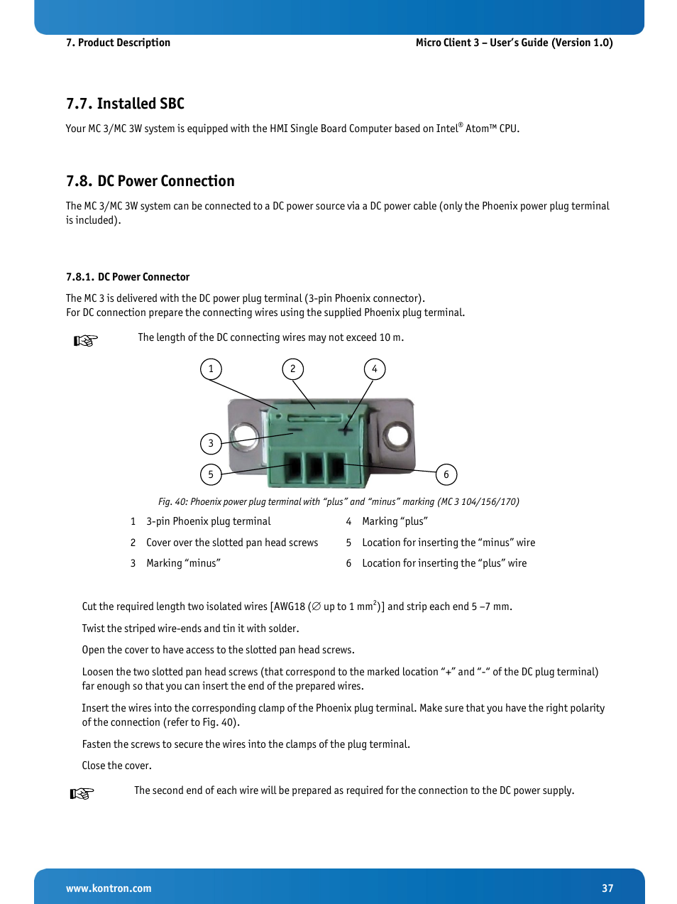 Installed sbc, Dc power connection, Dc power connector | R to fig. 40) | Kontron Micro Client 3 104 User Manual | Page 39 / 63