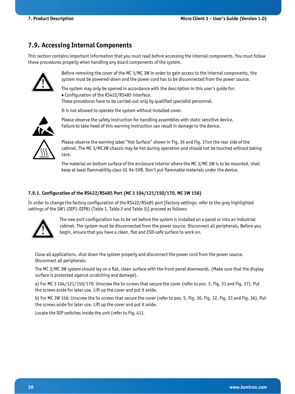 Accessing internal components, R 7.9.1 “configuration of the rs422/rs485 port | Kontron Micro Client 3 104 User Manual | Page 40 / 63