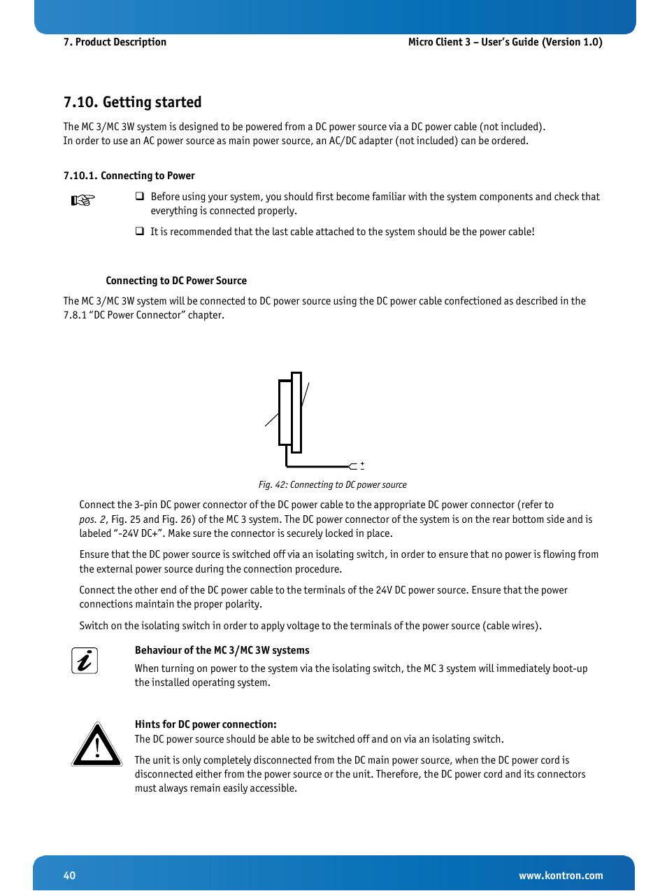 Getting started, Connecting to power, Connecting to dc power source | Fig. 42: connecting to dc power source | Kontron Micro Client 3 104 User Manual | Page 42 / 63