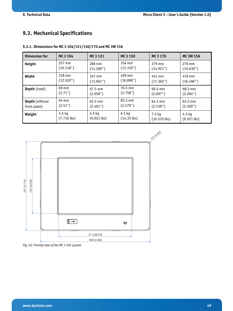 Mechanical specifications, Dimensions for mc 3 104/121/150/170 and mc 3w 156, Fig. 45: frontal view of the mc 3 104 system | Kontron Micro Client 3 104 User Manual | Page 51 / 63