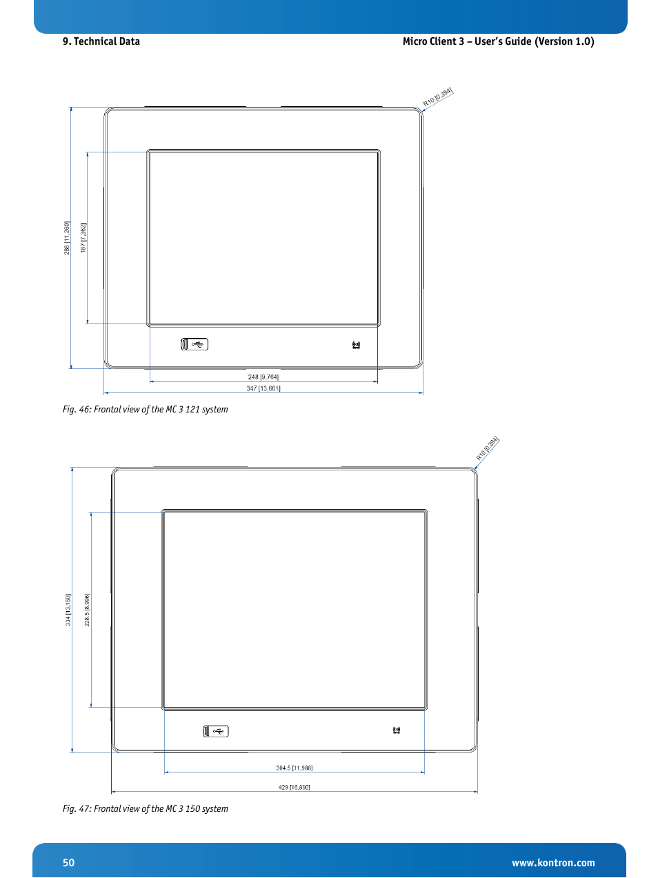 Fig. 46: frontal view of the mc 3 121 system, Fig. 47: frontal view of the mc 3 150 system | Kontron Micro Client 3 104 User Manual | Page 52 / 63