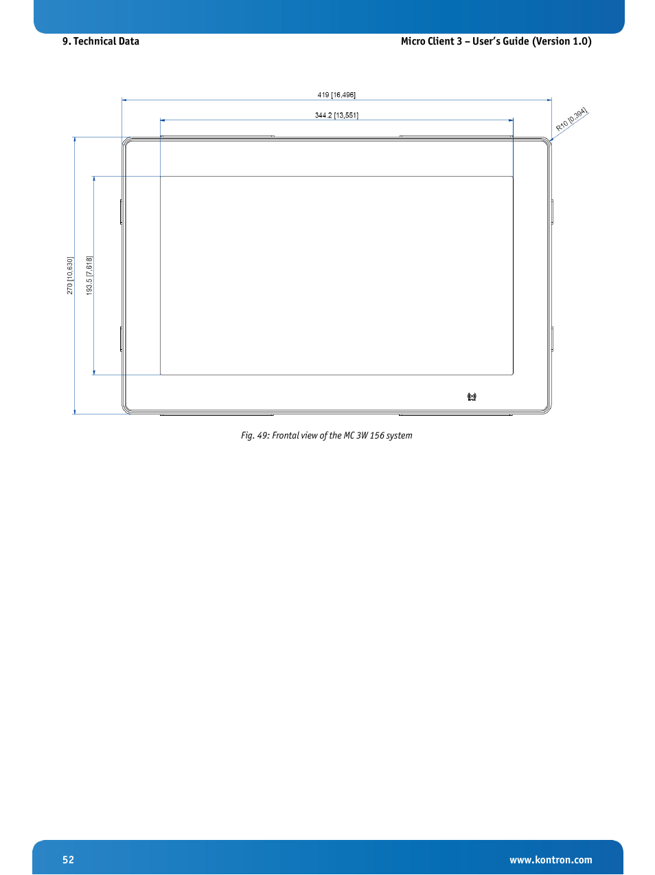 Fig. 49: frontal view of the mc 3w 156 system | Kontron Micro Client 3 104 User Manual | Page 54 / 63