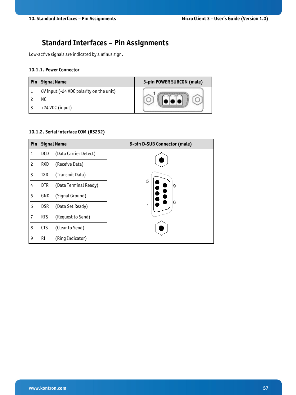 Standard interfaces – pin assignments, Power connector, Serial interface com (rs232) | R 10.1.1 “power connector | Kontron Micro Client 3 104 User Manual | Page 59 / 63