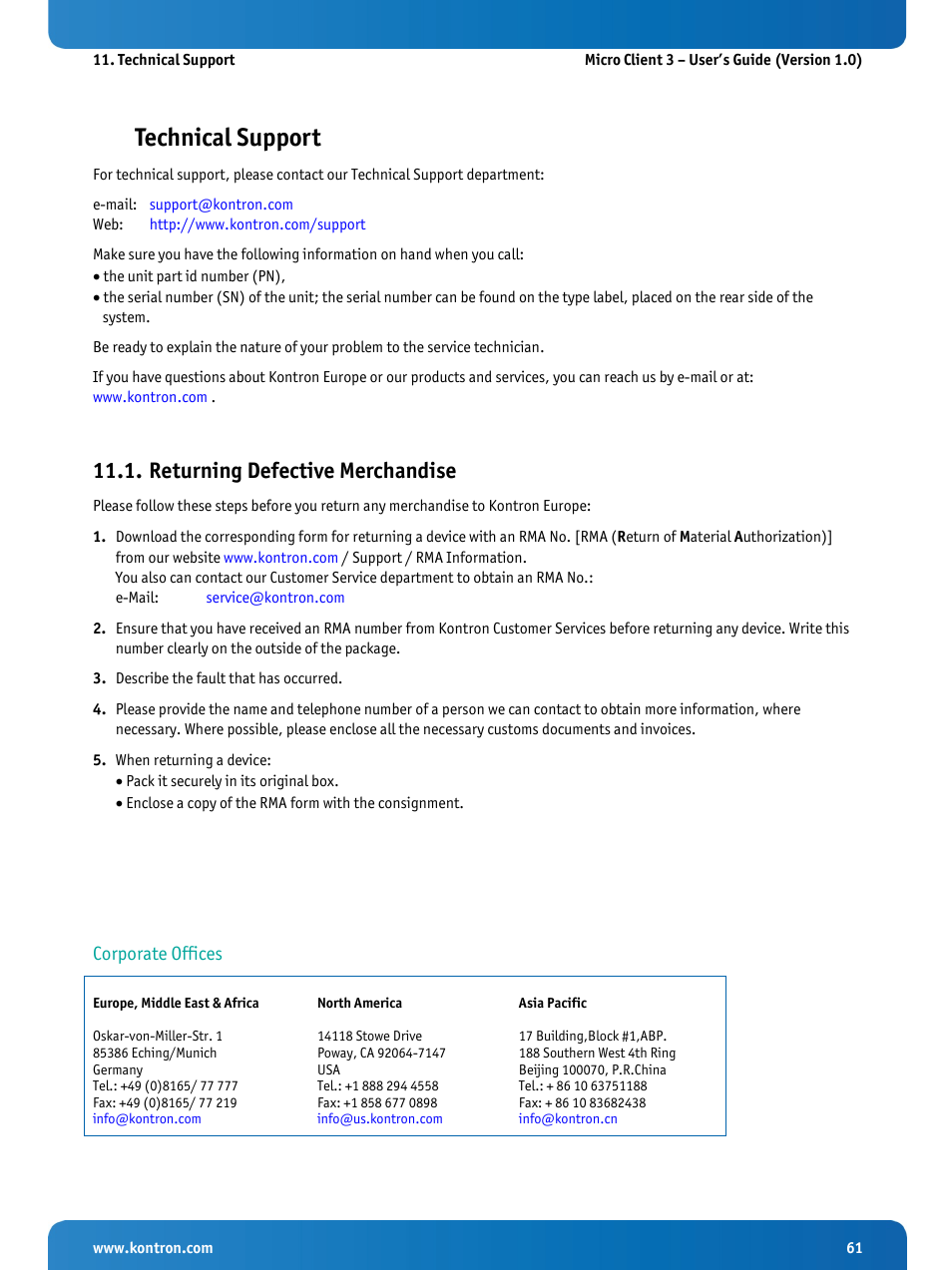 Technical support, Returning defective merchandise, Corporate offices | Kontron Micro Client 3 104 User Manual | Page 63 / 63