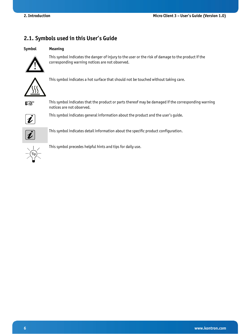 Symbols used in this user’s guide | Kontron Micro Client 3 104 User Manual | Page 8 / 63