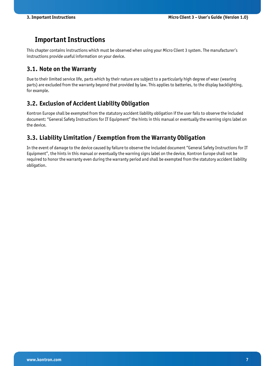 Important instructions, Note on the warranty, Exclusion of accident liability obligation | Kontron Micro Client 3 104 User Manual | Page 9 / 63