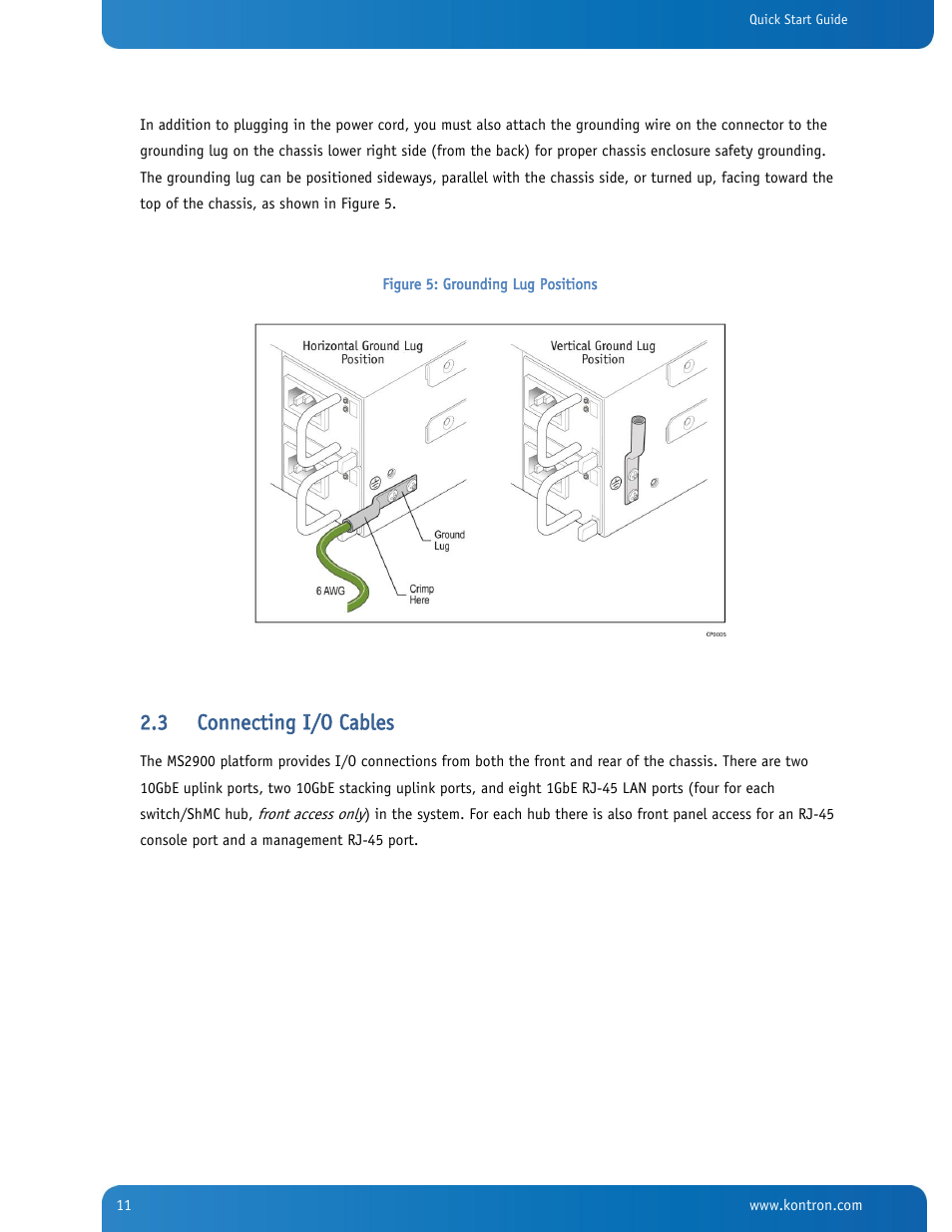 Connecting i/o cables, Figure 5: grounding lug positions, 3 connecting i/o cables | Kontron SYMKLOUD MS2900 Web User Manual | Page 11 / 36