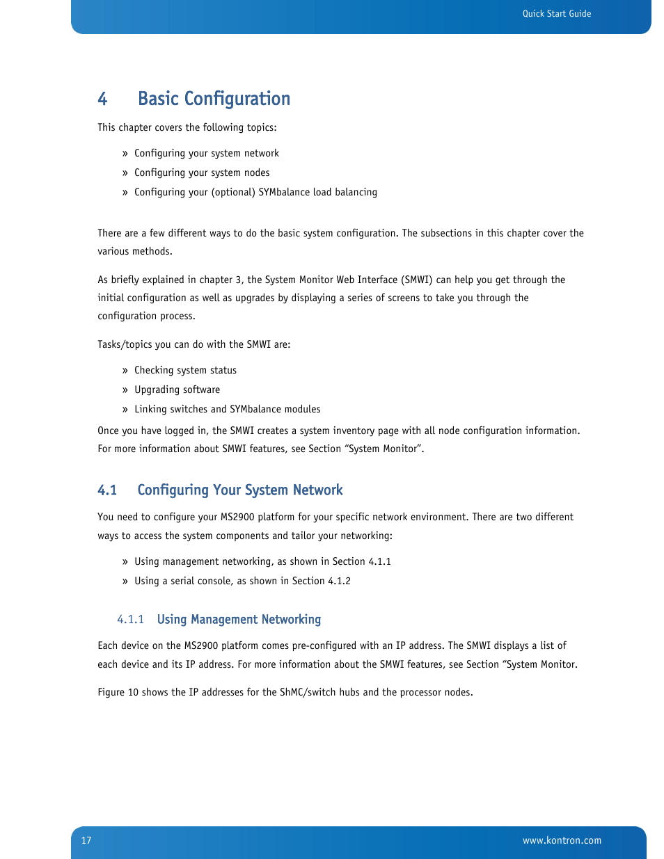 Basic configuration, Configuring your system network, Using management networking | 4basic configuration, 1 configuring your system network | Kontron SYMKLOUD MS2900 Web User Manual | Page 17 / 36