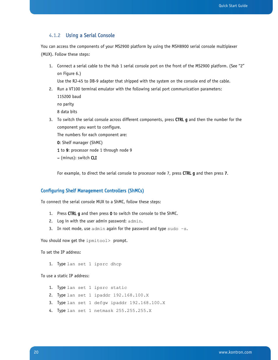 Using a serial console | Kontron SYMKLOUD MS2900 Web User Manual | Page 20 / 36