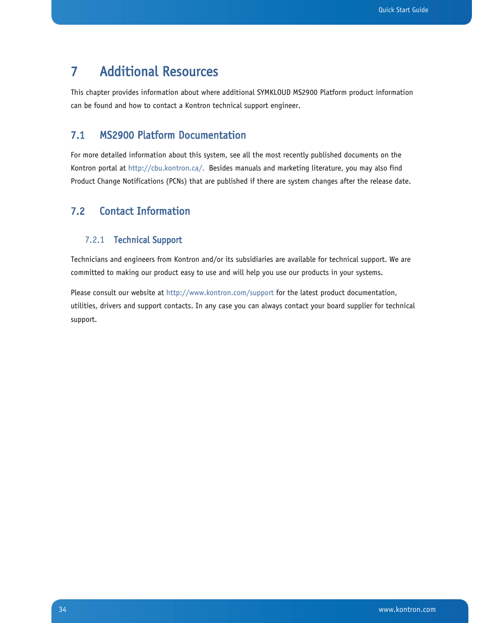Additional resources, Ms2900 platform documentation, Contact information | Technical support, 7additional resources, 2 contact information | Kontron SYMKLOUD MS2900 Web User Manual | Page 34 / 36