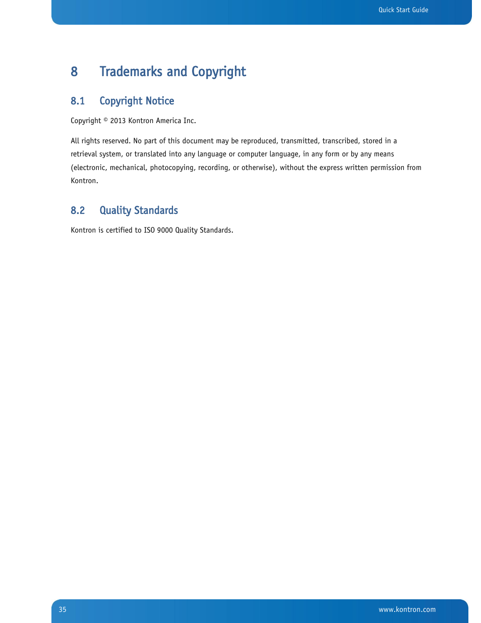 Trademarks and copyright, Copyright notice, Quality standards | 8trademarks and copyright | Kontron SYMKLOUD MS2900 Web User Manual | Page 35 / 36