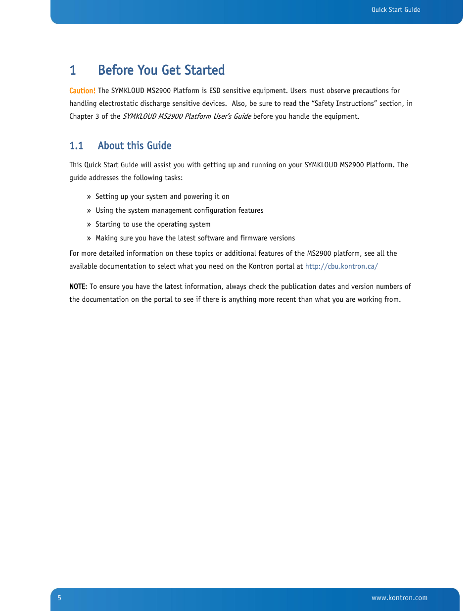 Before you get started, About this guide, 1before you get started | 1 about this guide | Kontron SYMKLOUD MS2900 Web User Manual | Page 5 / 36