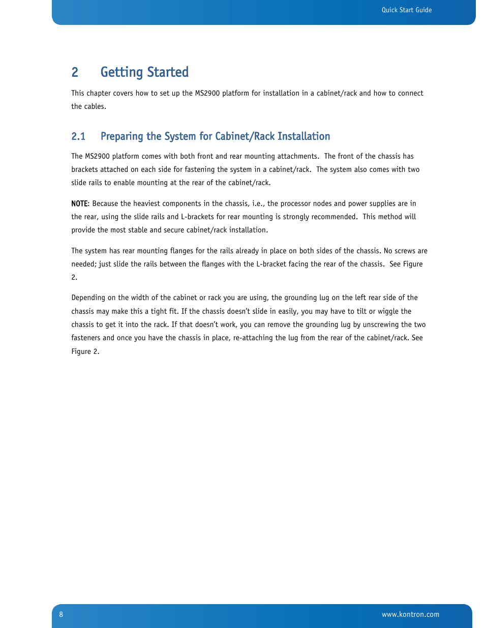 Getting started, Preparing the system for cabinet/rack installation, 2getting started | Kontron SYMKLOUD MS2900 Web User Manual | Page 8 / 36