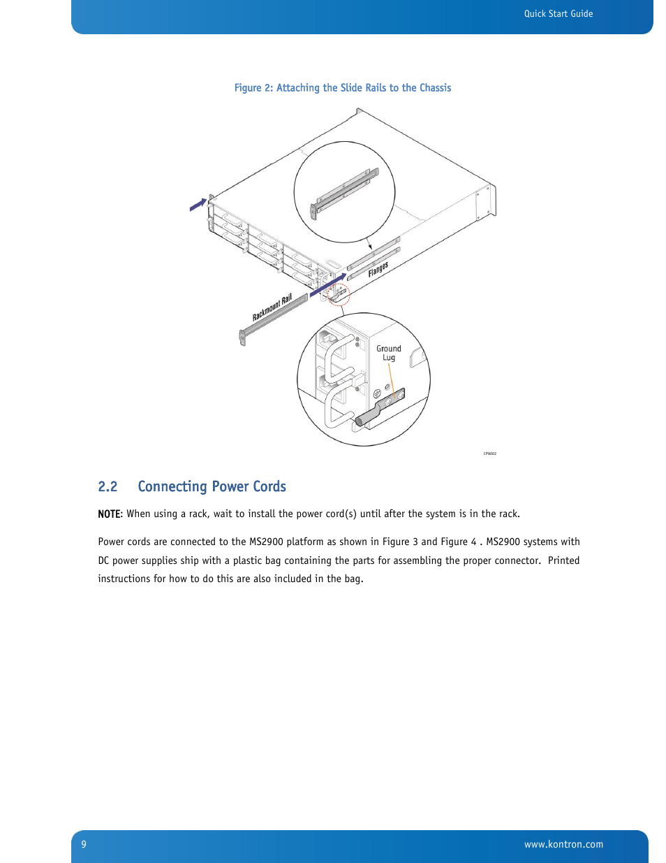 Connecting power cords, Figure 2: attaching the slide rails to the chassis, 2 connecting power cords | Kontron SYMKLOUD MS2900 Web User Manual | Page 9 / 36