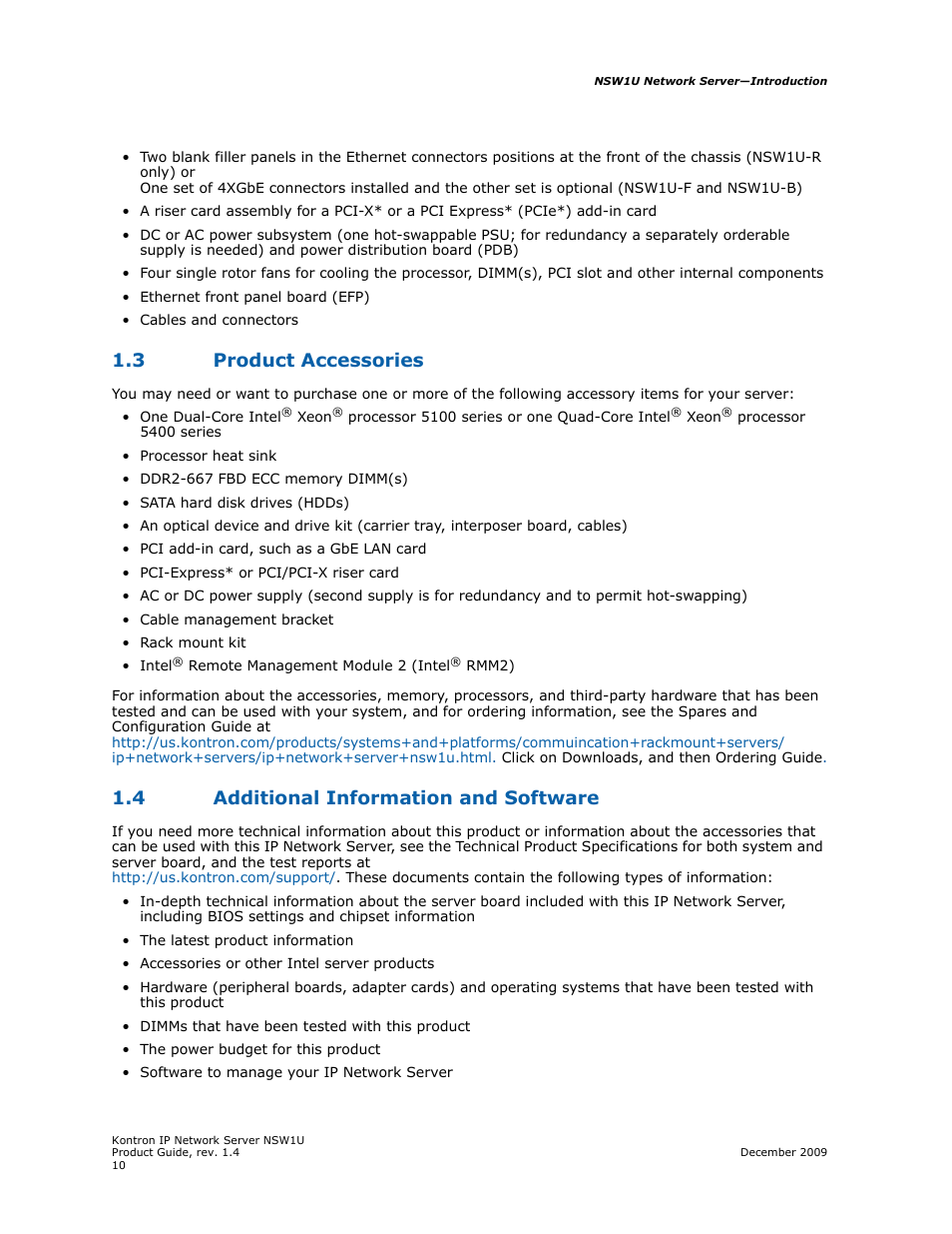 3 product accessories, 4 additional information and software, Product accessories | Additional information and software | Kontron NSW1U IP Network Server User Manual | Page 10 / 110