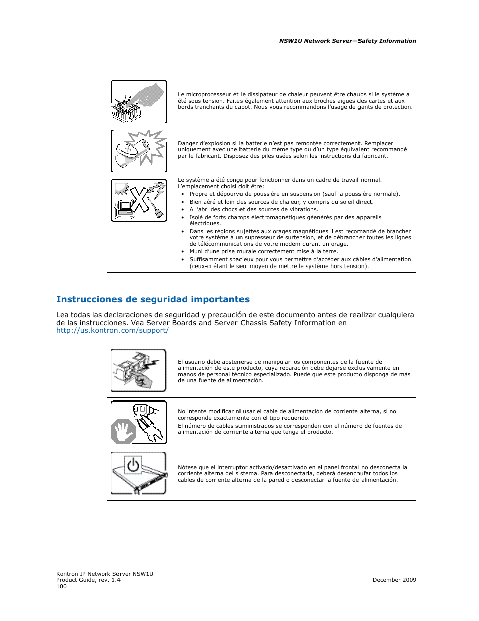 Instrucciones de seguridad importantes | Kontron NSW1U IP Network Server User Manual | Page 100 / 110