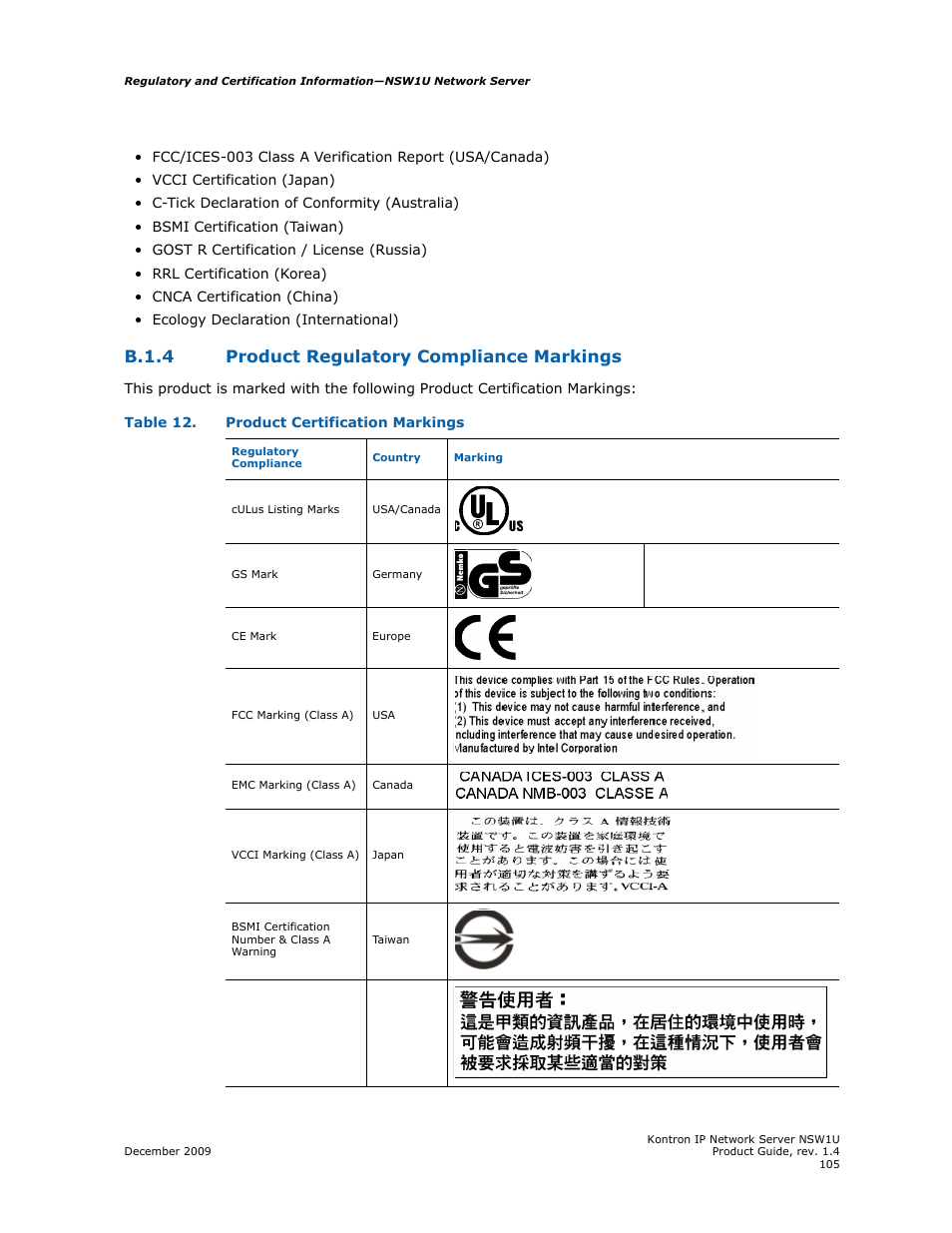 B.1.4 product regulatory compliance markings | Kontron NSW1U IP Network Server User Manual | Page 105 / 110