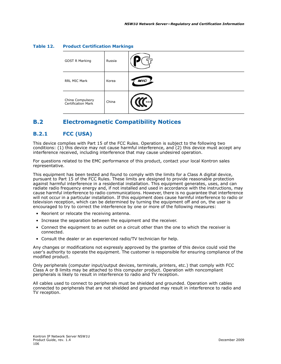 B.2 electromagnetic compatibility notices, B.2.1 fcc (usa) | Kontron NSW1U IP Network Server User Manual | Page 106 / 110