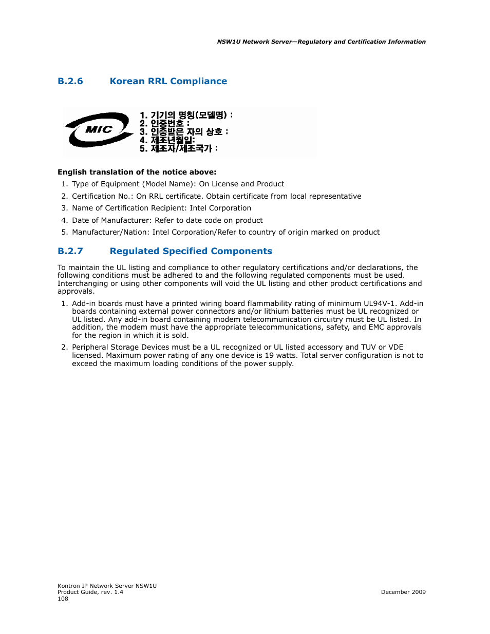 B.2.6 korean rrl compliance, B.2.7 regulated specified components | Kontron NSW1U IP Network Server User Manual | Page 108 / 110