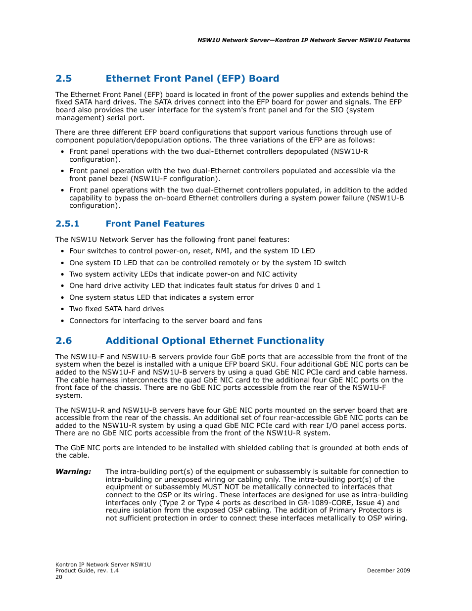 5 ethernet front panel (efp) board, 1 front panel features, 6 additional optional ethernet functionality | Ethernet front panel (efp) board 2.5.1, Front panel features, Additional optional ethernet functionality | Kontron NSW1U IP Network Server User Manual | Page 20 / 110