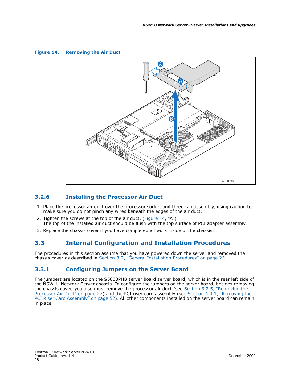 6 installing the processor air duct, 1 configuring jumpers on the server board, Installing the processor air duct | Configuring jumpers on the server board, Air duct, Figure 14 | Kontron NSW1U IP Network Server User Manual | Page 28 / 110