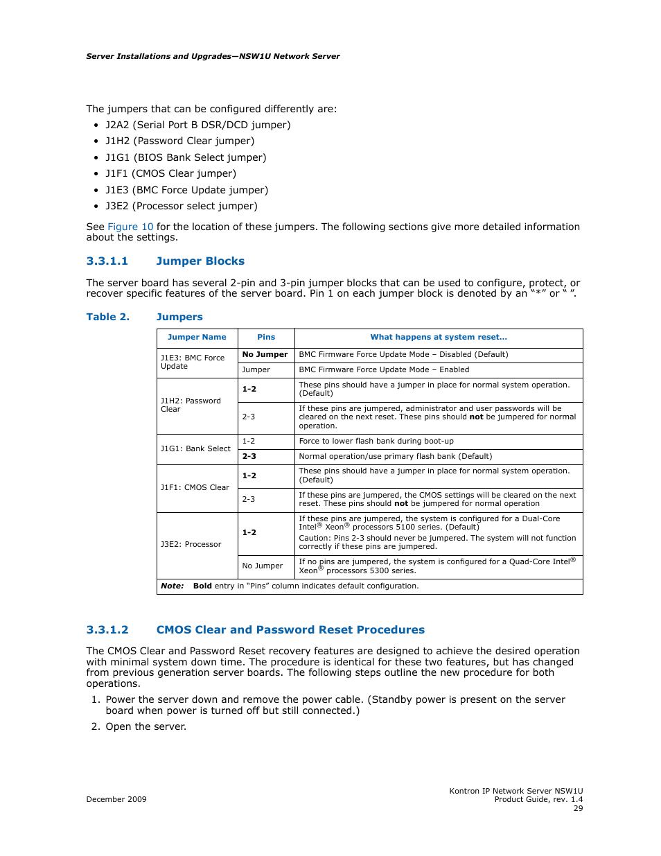 1 jumper blocks, 2 cmos clear and password reset procedures, Jumper blocks | Cmos clear and password reset procedures | Kontron NSW1U IP Network Server User Manual | Page 29 / 110