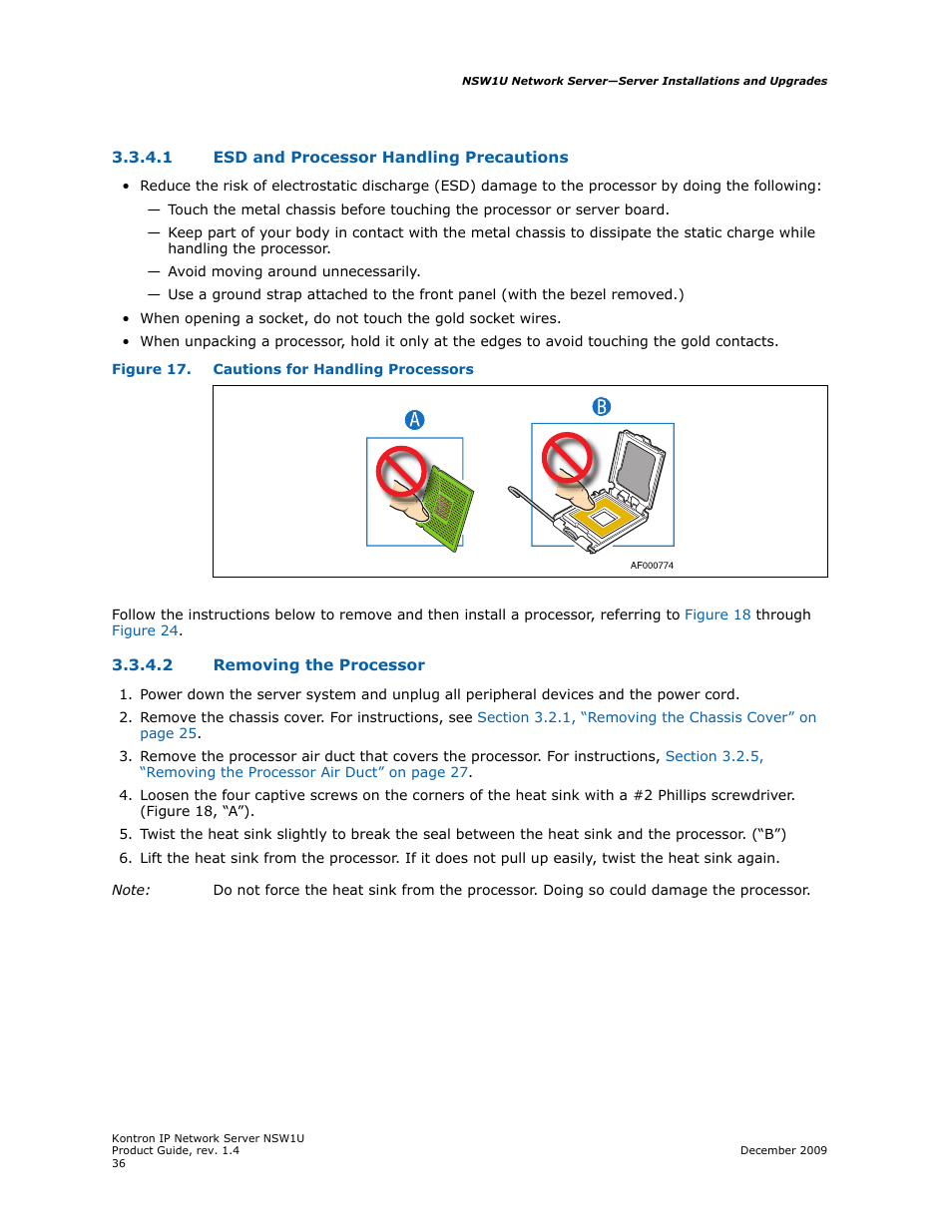 1 esd and processor handling precautions, 2 removing the processor, Esd and processor handling precautions | Removing the processor | Kontron NSW1U IP Network Server User Manual | Page 36 / 110