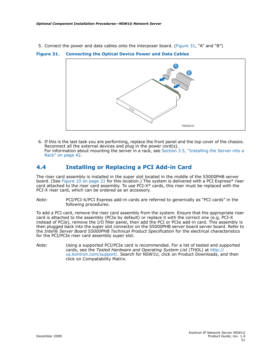 4 installing or replacing a pci add-in card, Installing or replacing a pci add-in card | Kontron NSW1U IP Network Server User Manual | Page 51 / 110