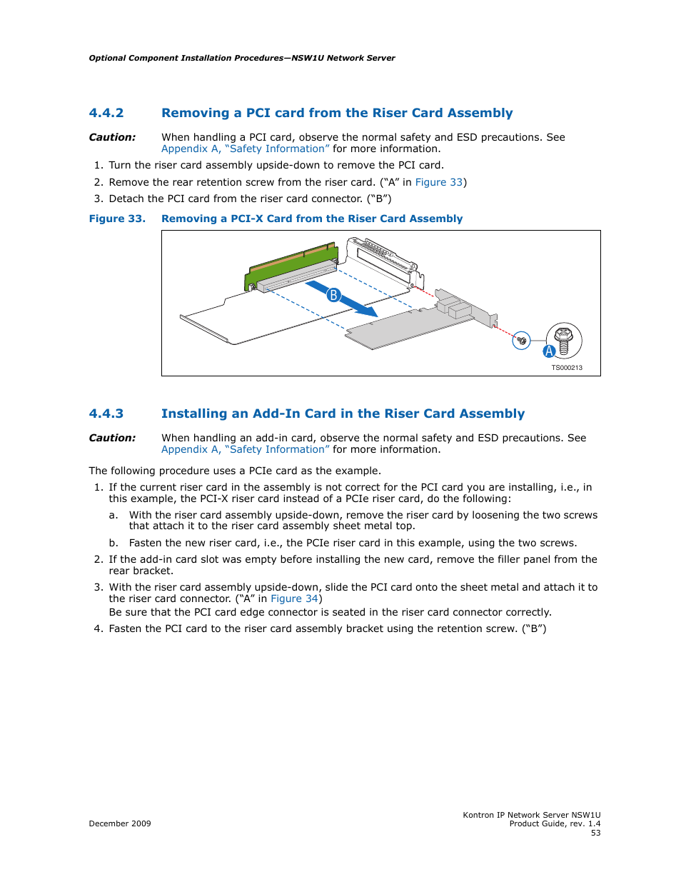 2 removing a pci card from the riser card assembly, Removing a pci card from the riser card assembly | Kontron NSW1U IP Network Server User Manual | Page 53 / 110