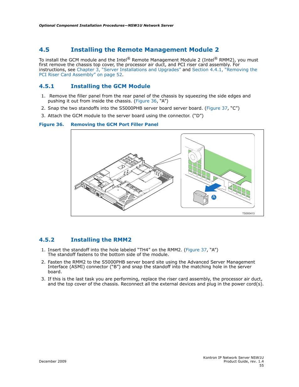 5 installing the remote management module 2, 1 installing the gcm module, 2 installing the rmm2 | Installing the remote management module 2 4.5.1, Installing the gcm module, Installing the rmm2 | Kontron NSW1U IP Network Server User Manual | Page 55 / 110