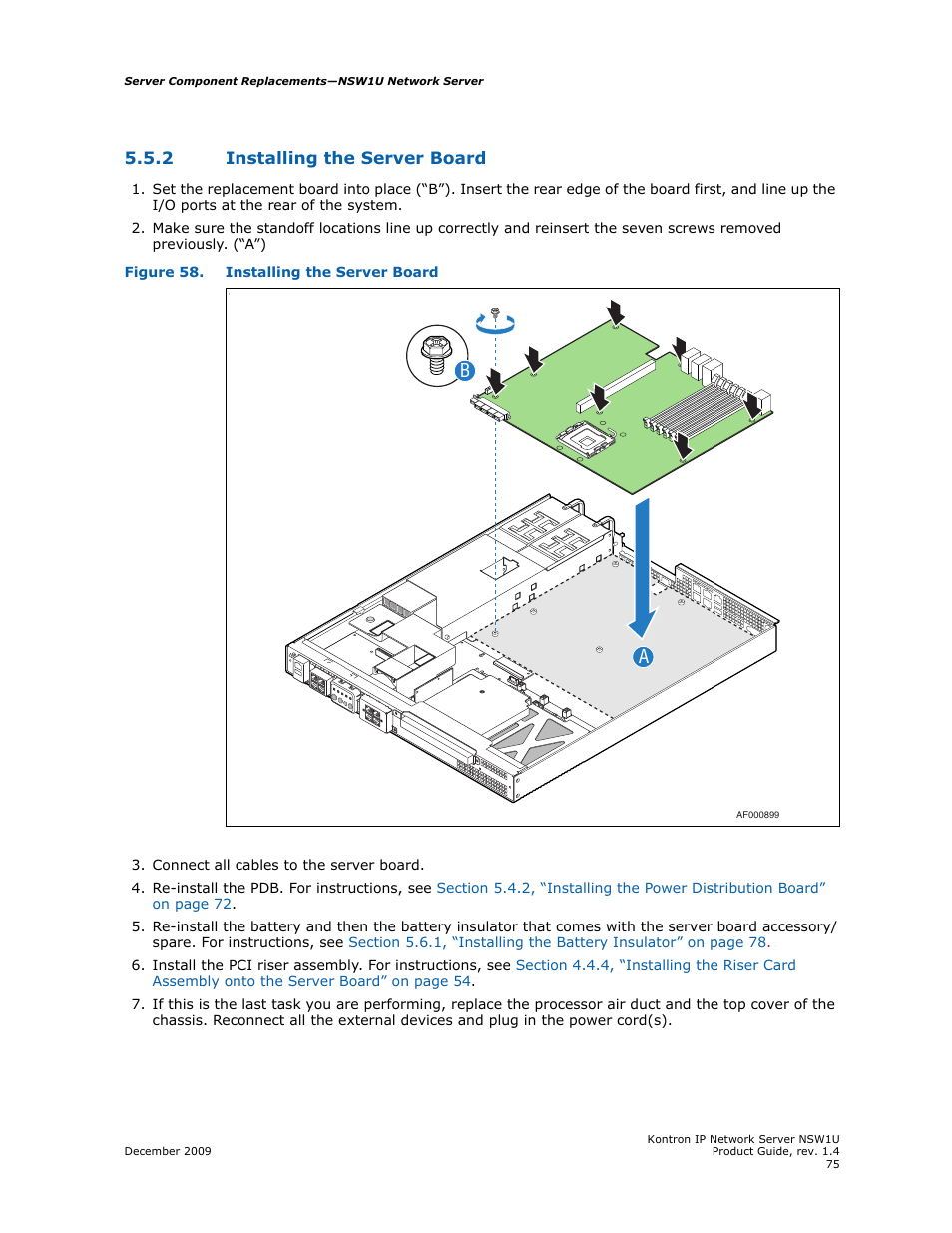 2 installing the server board, Installing the server board | Kontron NSW1U IP Network Server User Manual | Page 75 / 110