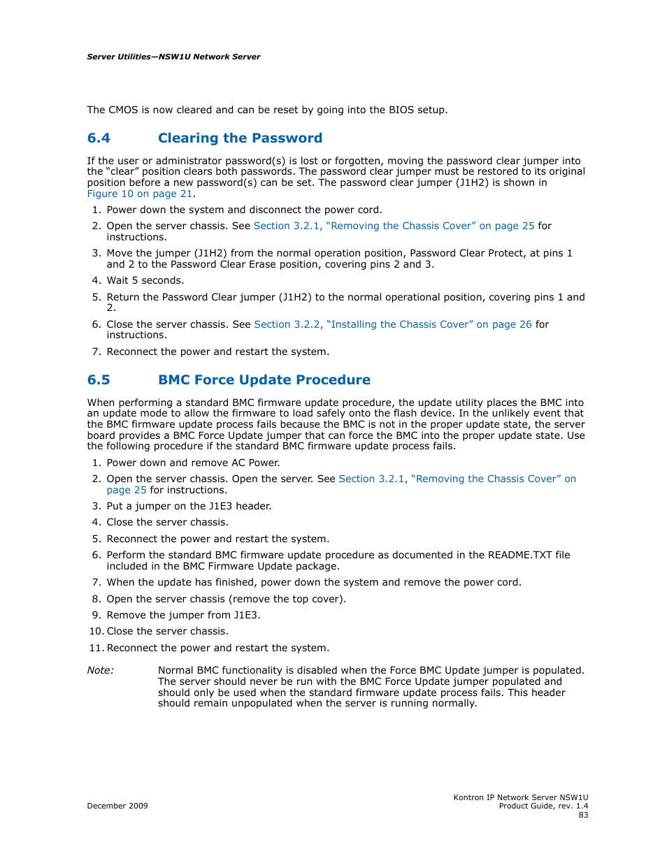 4 clearing the password, 5 bmc force update procedure, Clearing the password | Bmc force update procedure | Kontron NSW1U IP Network Server User Manual | Page 83 / 110