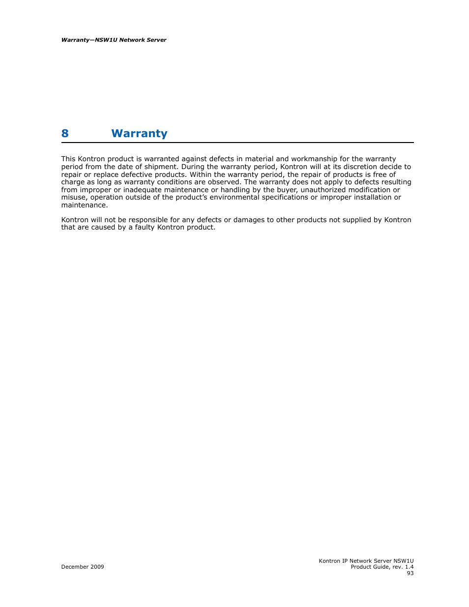 8 warranty, Warranty, 8warranty | Kontron NSW1U IP Network Server User Manual | Page 93 / 110