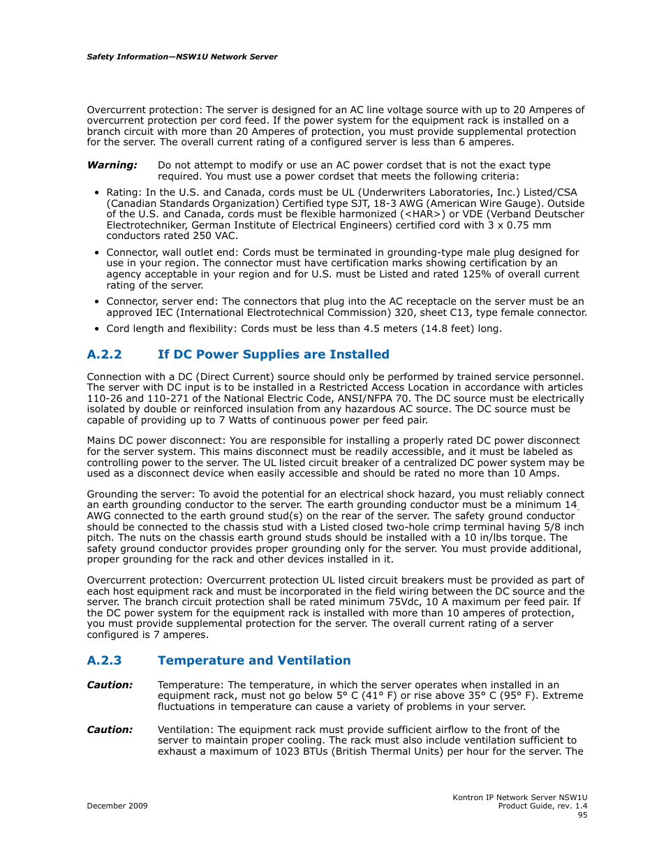 A.2.2 if dc power supplies are installed, A.2.3 temperature and ventilation | Kontron NSW1U IP Network Server User Manual | Page 95 / 110