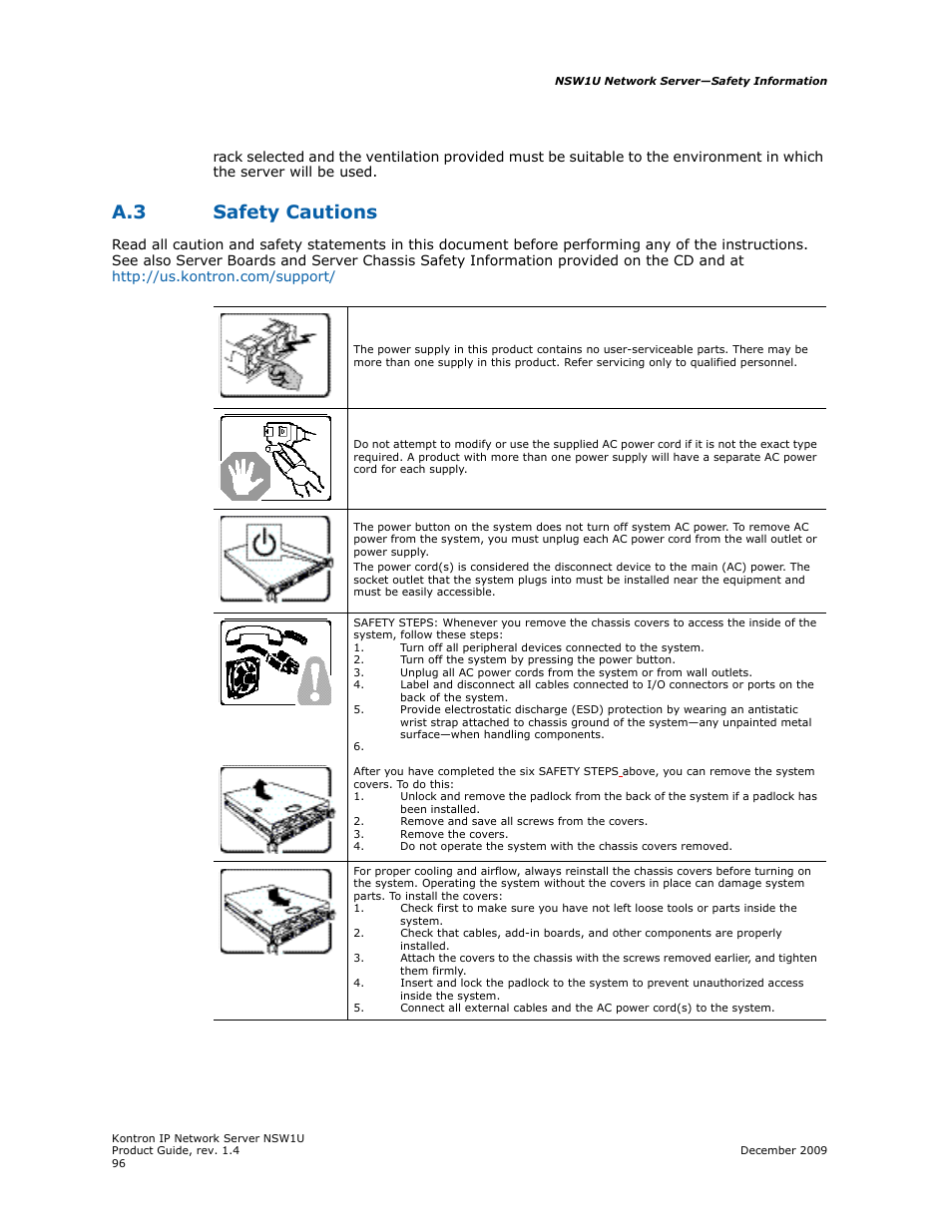 A.3 safety cautions | Kontron NSW1U IP Network Server User Manual | Page 96 / 110