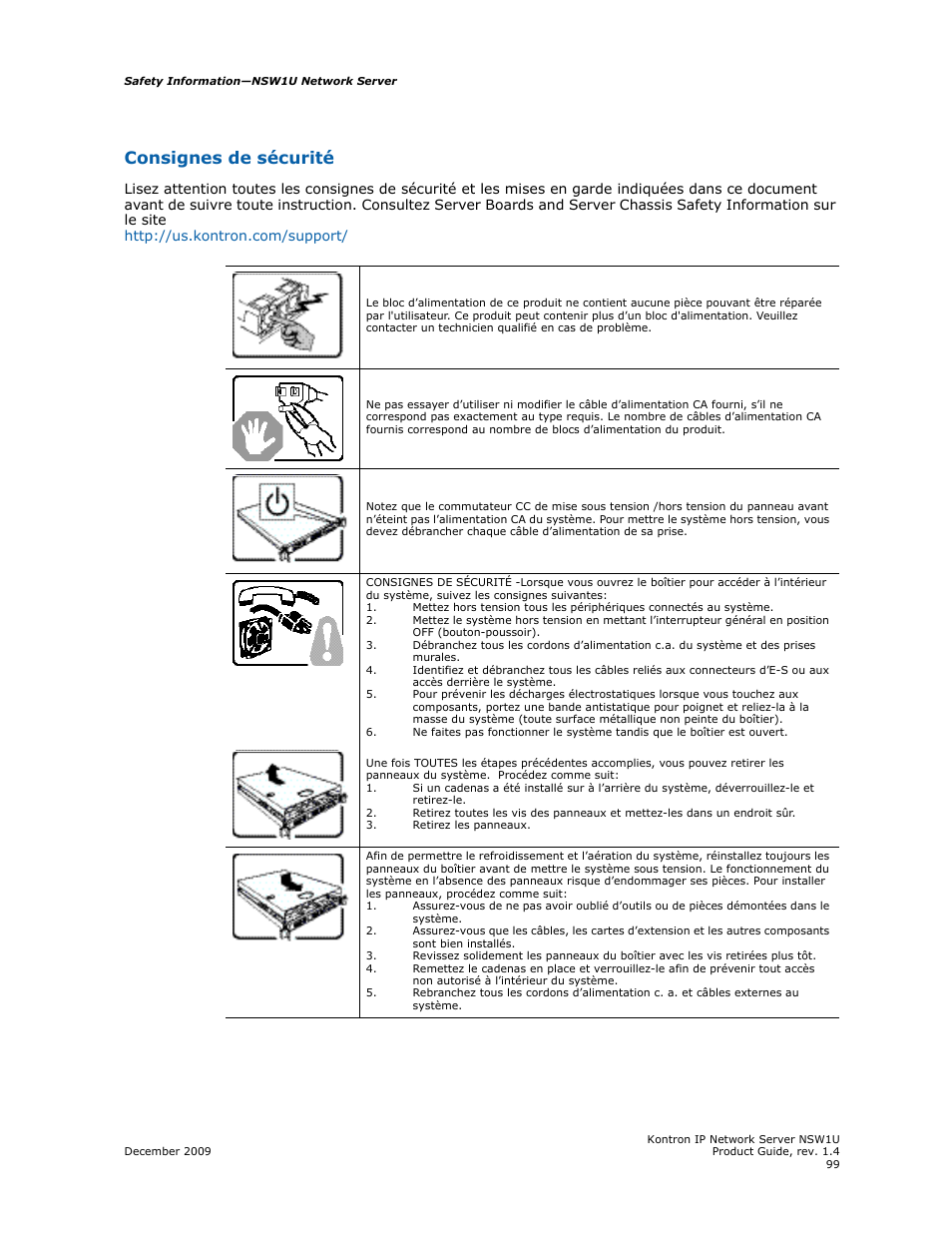 Consignes de sécurité | Kontron NSW1U IP Network Server User Manual | Page 99 / 110