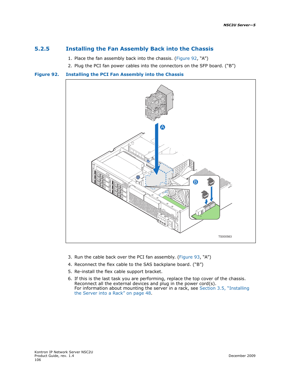 Installing the fan assembly back into the chassis, Section 5.2.5, “installing the fan assembly back | Kontron NSC2U IP Network Server User Manual | Page 106 / 152