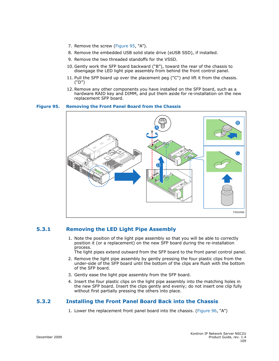 1 removing the led light pipe assembly, Removing the led light pipe assembly | Kontron NSC2U IP Network Server User Manual | Page 109 / 152