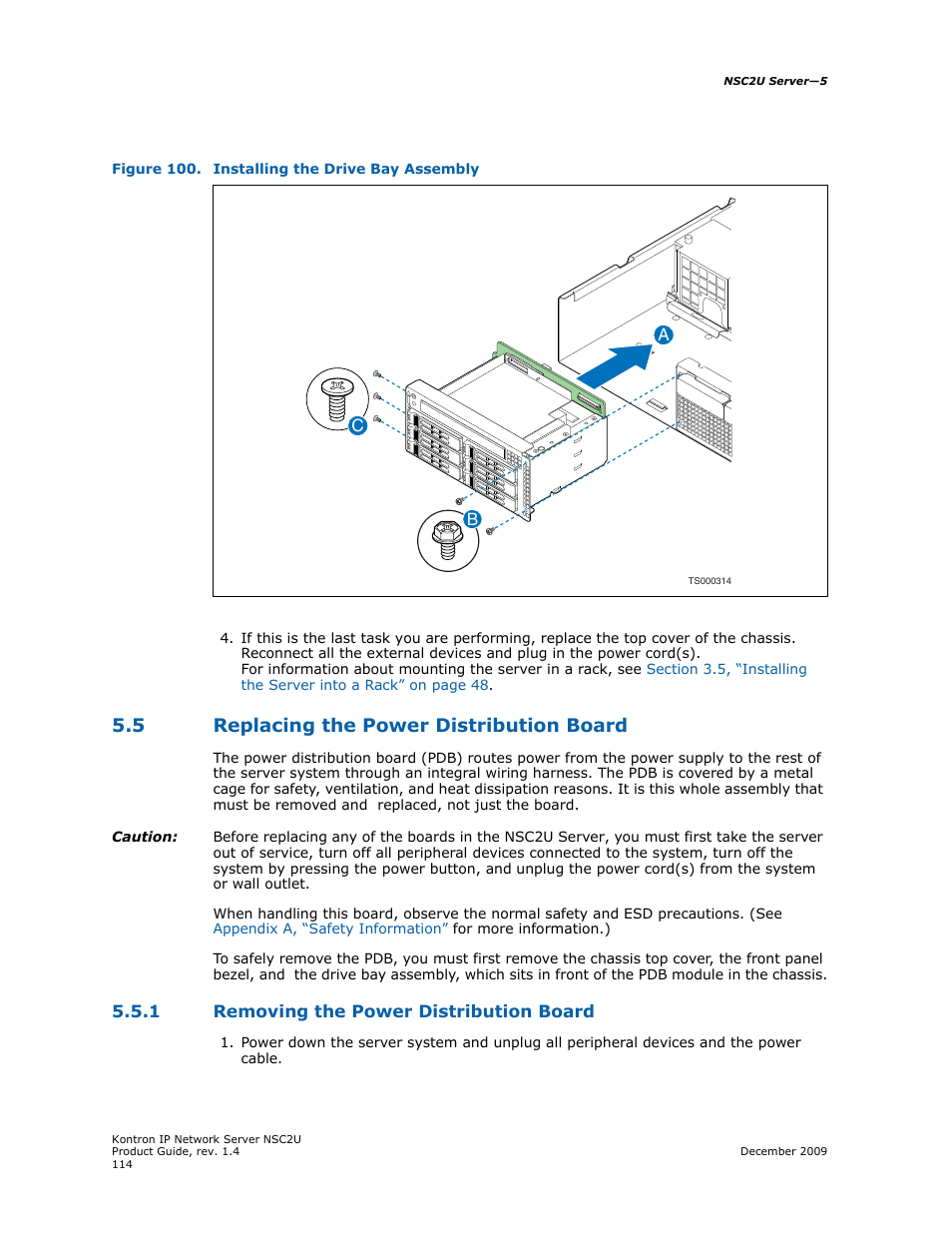 5 replacing the power distribution board, 1 removing the power distribution board, Replacing the power distribution board 5.5.1 | Removing the power distribution board | Kontron NSC2U IP Network Server User Manual | Page 114 / 152