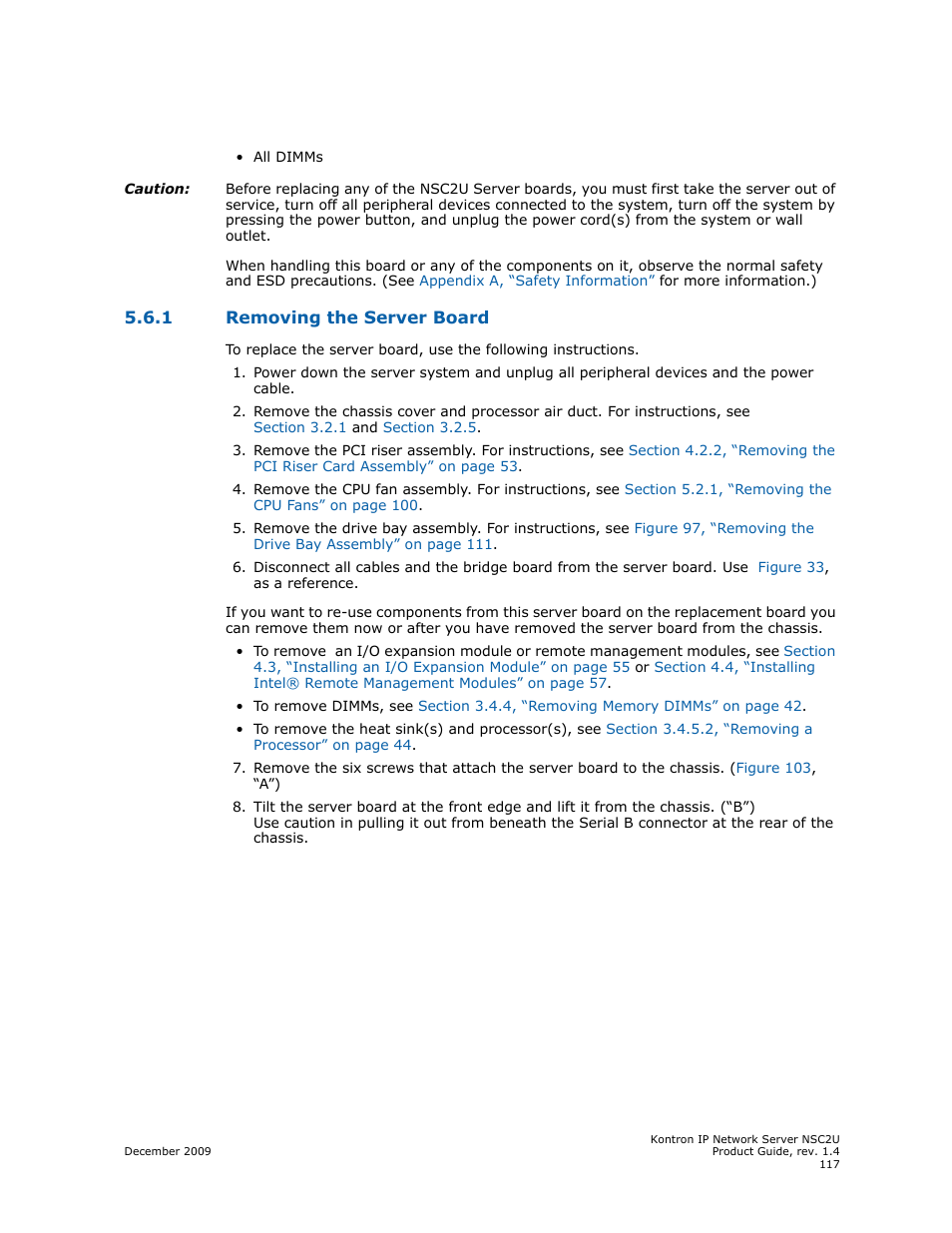1 removing the server board, Removing the server board | Kontron NSC2U IP Network Server User Manual | Page 117 / 152
