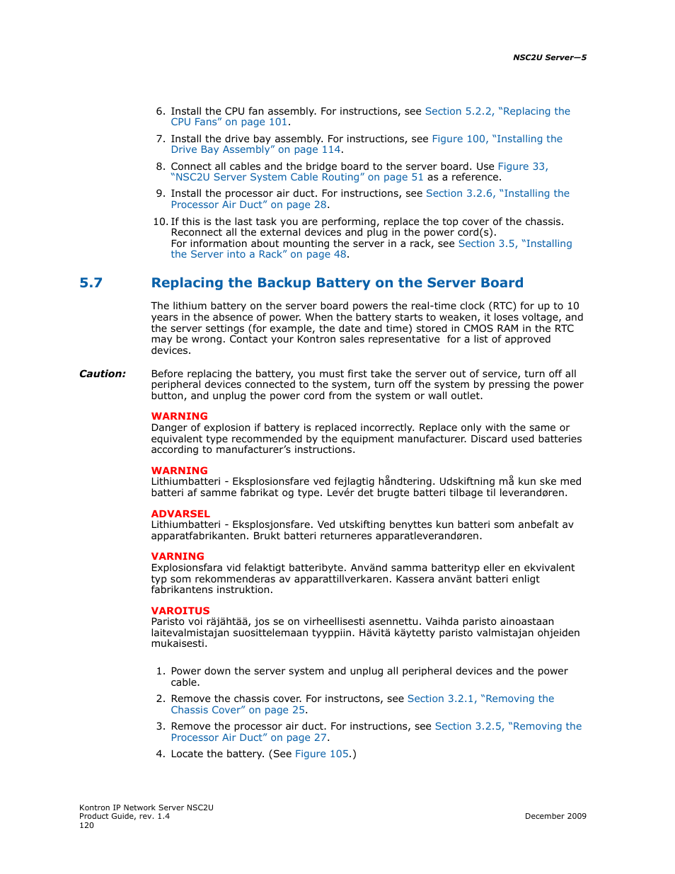 7 replacing the backup battery on the server board, Replacing the backup battery on the server board | Kontron NSC2U IP Network Server User Manual | Page 120 / 152