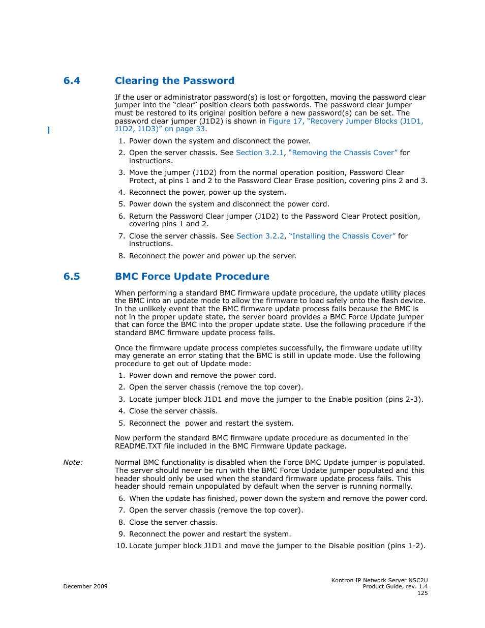 4 clearing the password, 5 bmc force update procedure, Clearing the password | Bmc force update procedure | Kontron NSC2U IP Network Server User Manual | Page 125 / 152