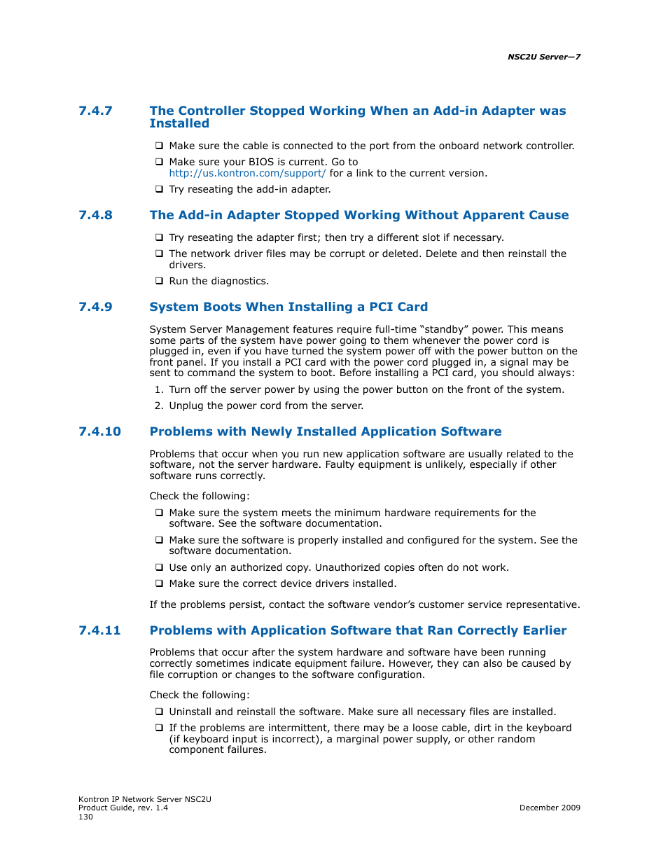 9 system boots when installing a pci card, System boots when installing a pci card, Section 7.4.10 | Problems with newly installed application software | Kontron NSC2U IP Network Server User Manual | Page 130 / 152