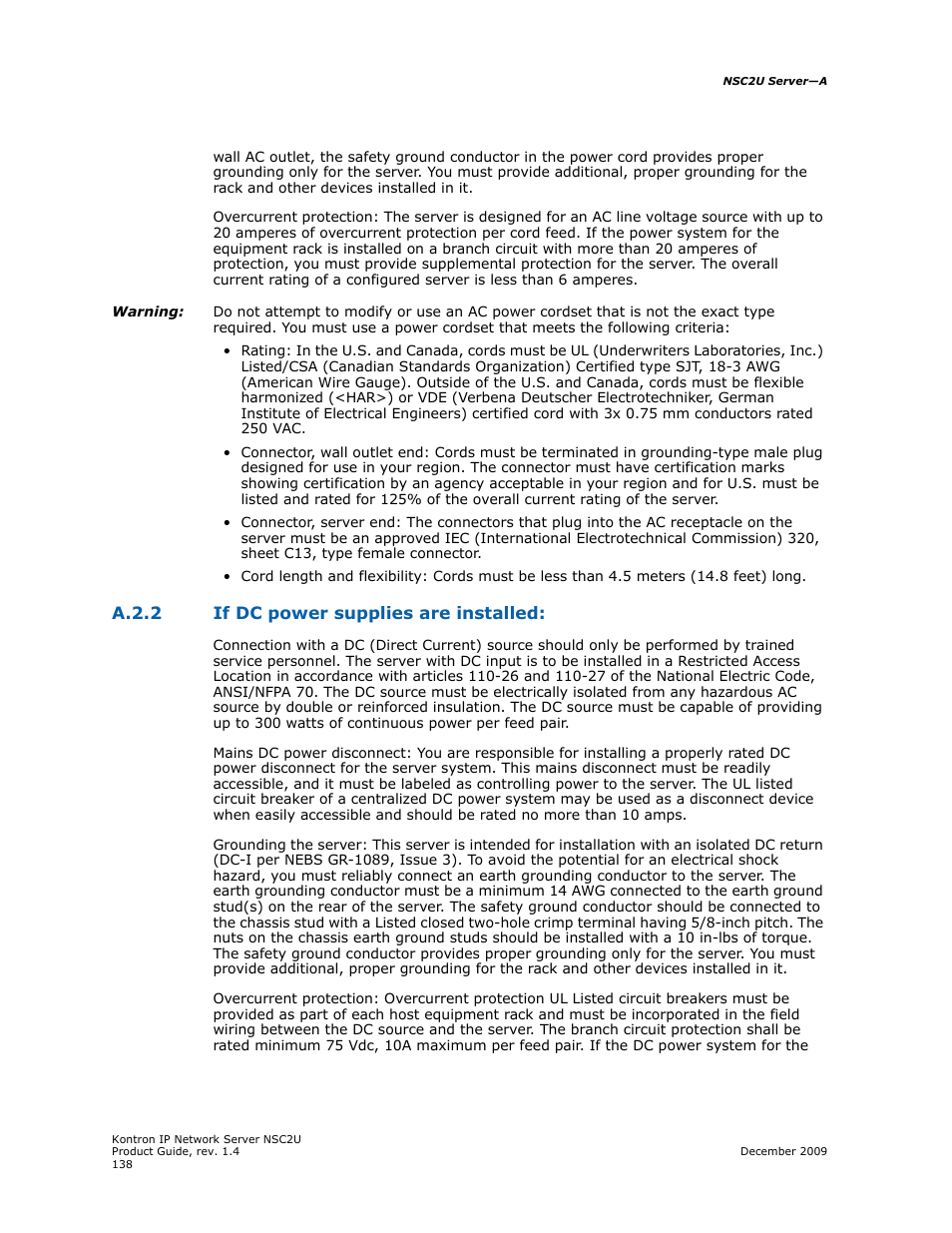 A.2.2 if dc power supplies are installed, A.2.2, If dc power supplies are installed | Kontron NSC2U IP Network Server User Manual | Page 138 / 152