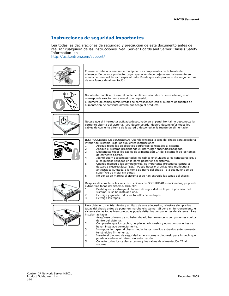 Instrucciones de seguridad importantes | Kontron NSC2U IP Network Server User Manual | Page 144 / 152