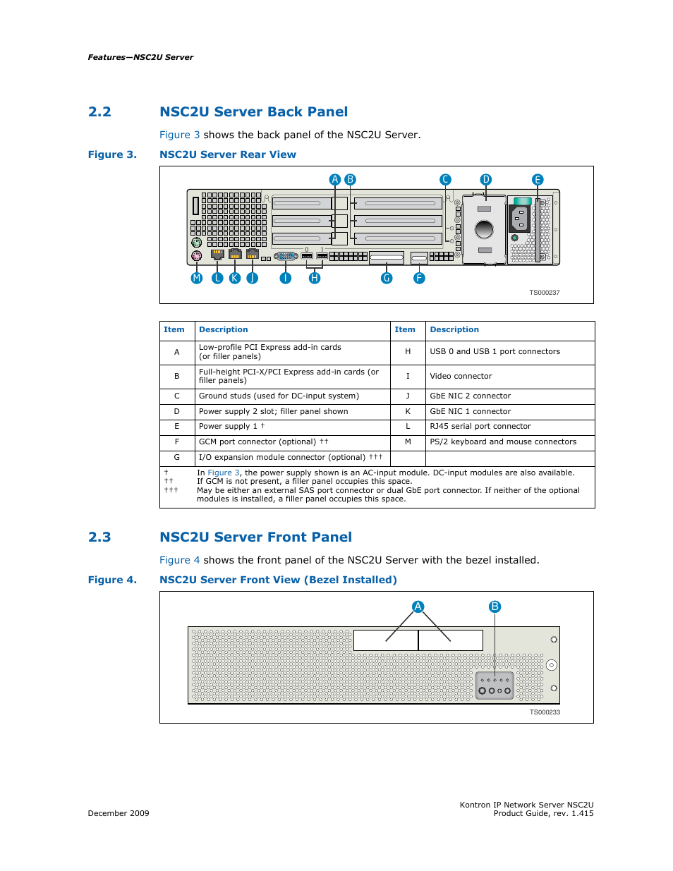 2 nsc2u server back panel, 3 nsc2u server front panel, Nsc2u server back panel | Nsc2u server front panel | Kontron NSC2U IP Network Server User Manual | Page 15 / 152