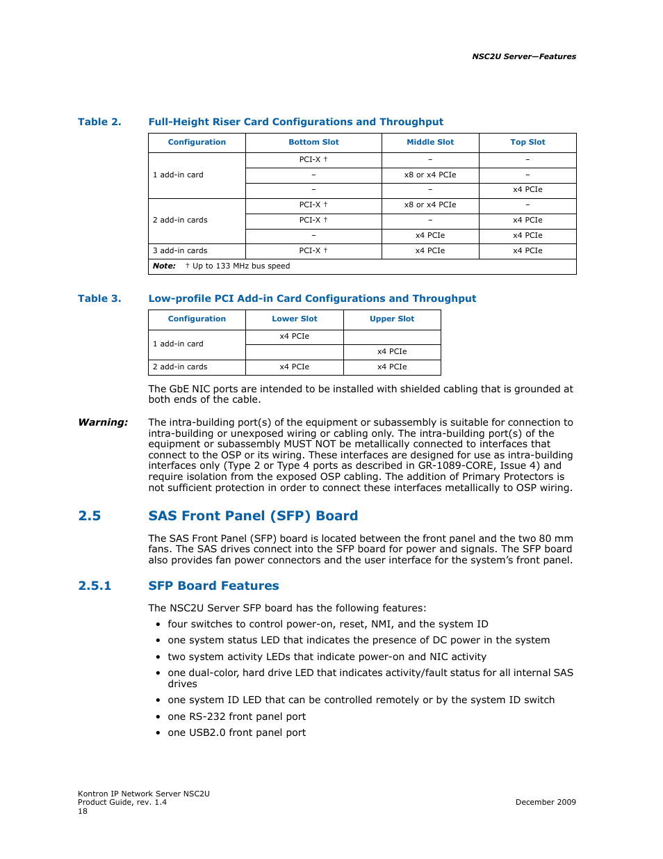 5 sas front panel (sfp) board, 1 sfp board features, Sas front panel (sfp) board 2.5.1 | Sfp board features, X/pcie add-in cards are given in, Table 2, N in, Table 3 | Kontron NSC2U IP Network Server User Manual | Page 18 / 152