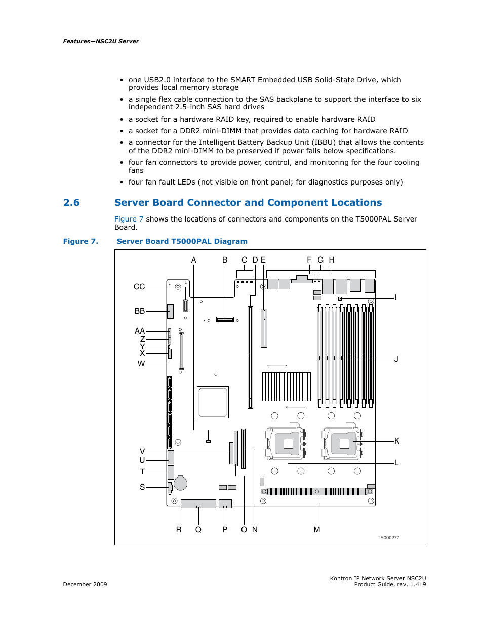 6 server board connector and component locations, Server board connector and component locations | Kontron NSC2U IP Network Server User Manual | Page 19 / 152