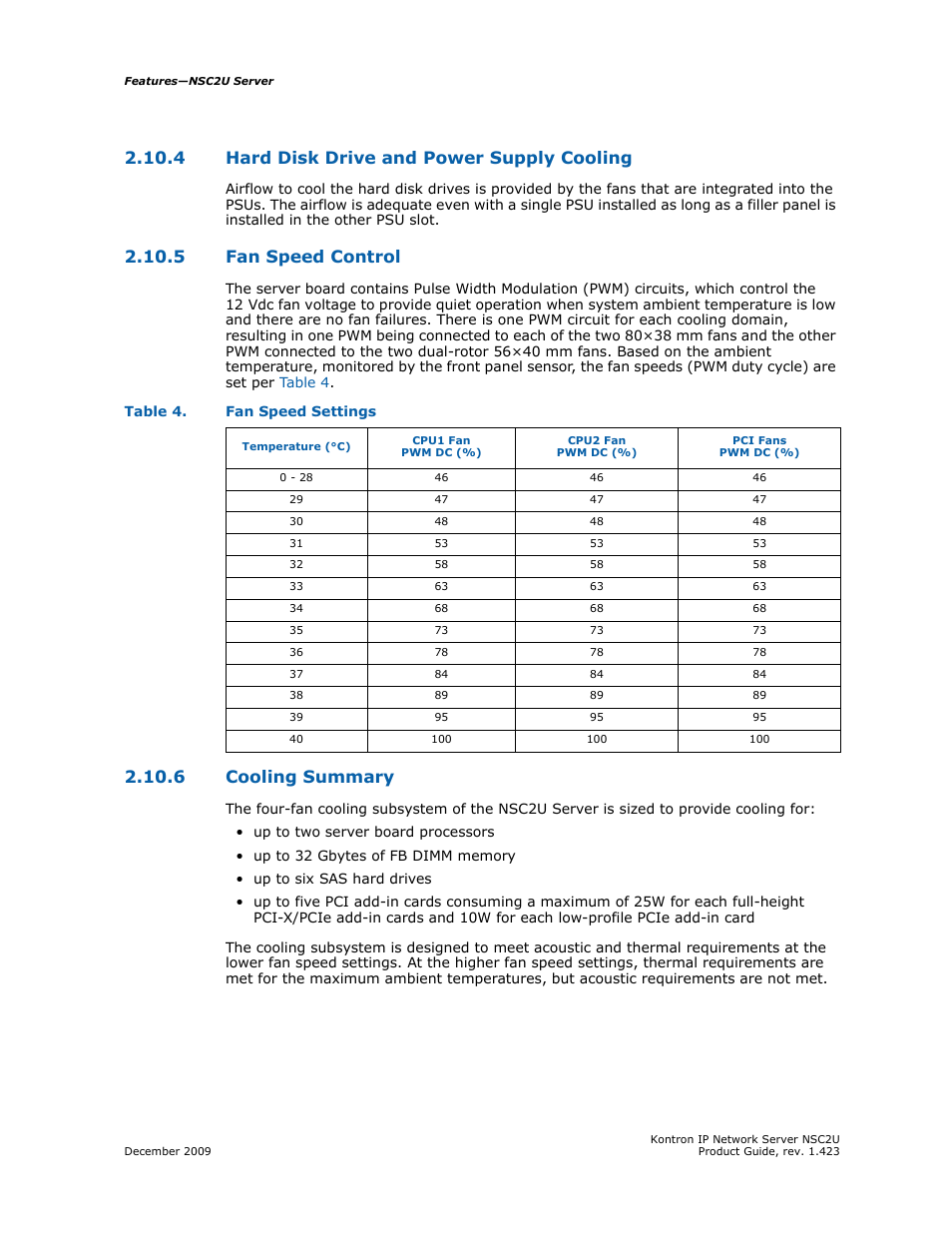 4 hard disk drive and power supply cooling, 5 fan speed control, 6 cooling summary | Kontron NSC2U IP Network Server User Manual | Page 23 / 152