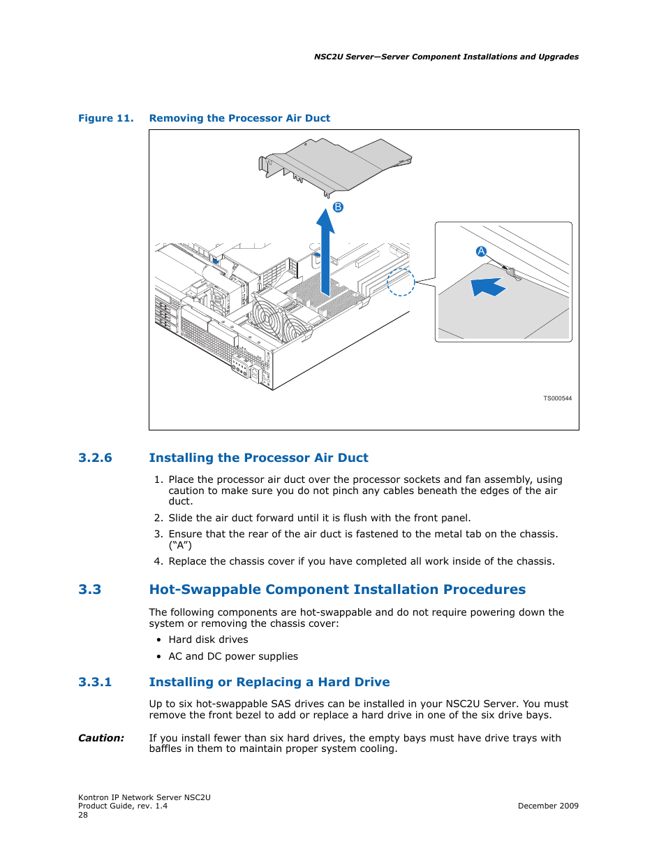 6 installing the processor air duct, 3 hot-swappable component installation procedures, 1 installing or replacing a hard drive | Installing the processor air duct, Installing or replacing a hard drive, Section 3.3.1, Installing or, Replacing a hard drive | Kontron NSC2U IP Network Server User Manual | Page 28 / 152